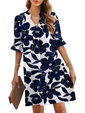 Womens White-Blue Polyster V-Neck Loose Fit Short Sleeve Knee Length Shift Dress